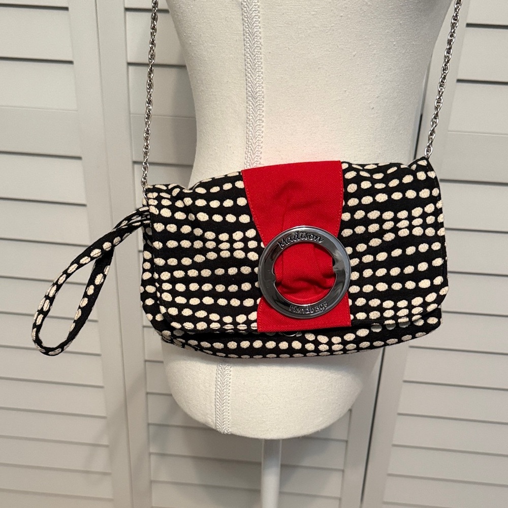 Black and Red Polka Dot Wristlet Clutch with Chain - Picture 2 of 5